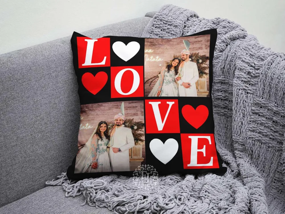 Personalized LOVE photo cushion printed with couple photos