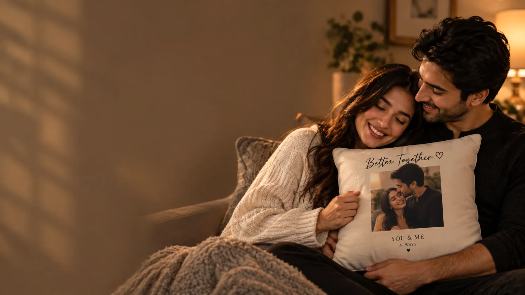 A happy couple cuddling on a sofa with a personalized 'Better Together' photo cushion