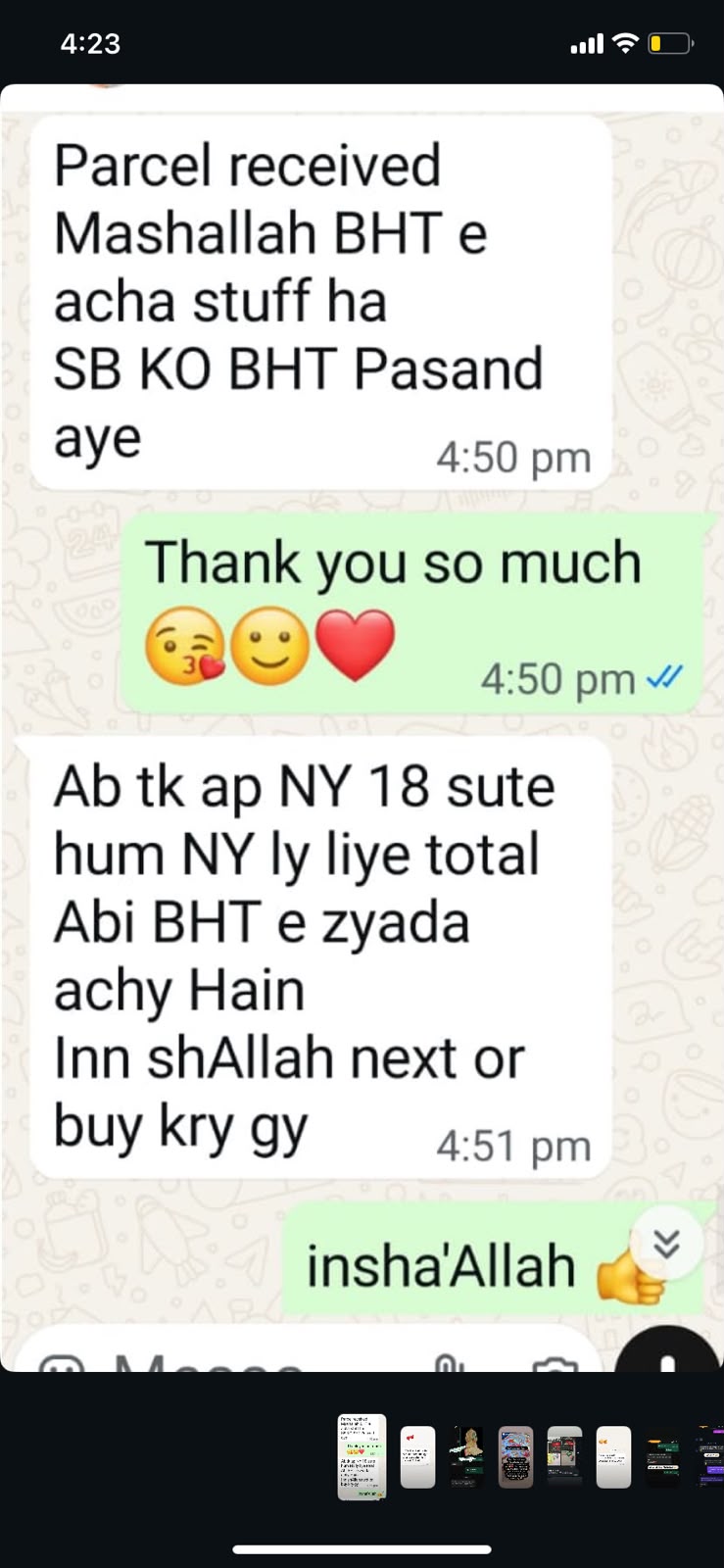 "MashaAllah bht acha stuff — 18 suits liye, sab bht ache hain"