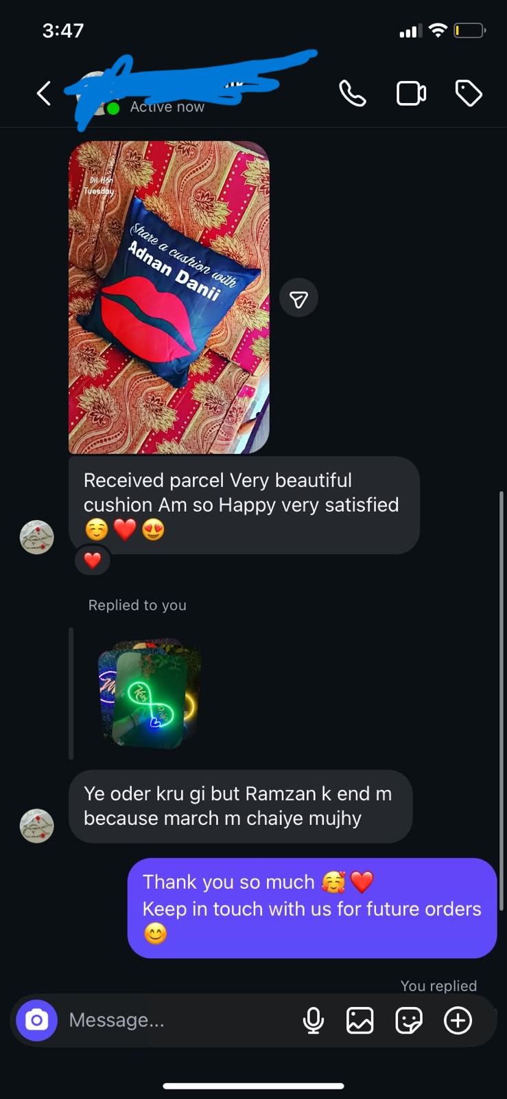 Personalized LOVE photo cushion — "very beautiful cushion, so happy, very satisfied"