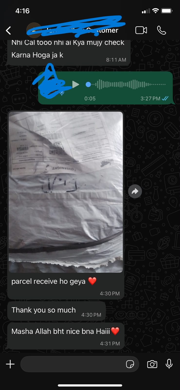Parcel received — "MashaAllah bht nice bna hai"