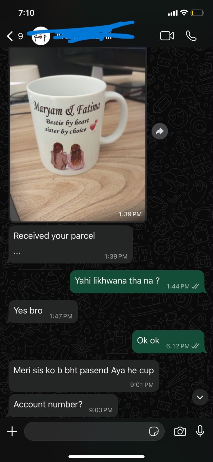 Bestie name mug (Maryam & Fatima) — "meri sis ko bhi bht pasand aya cup"