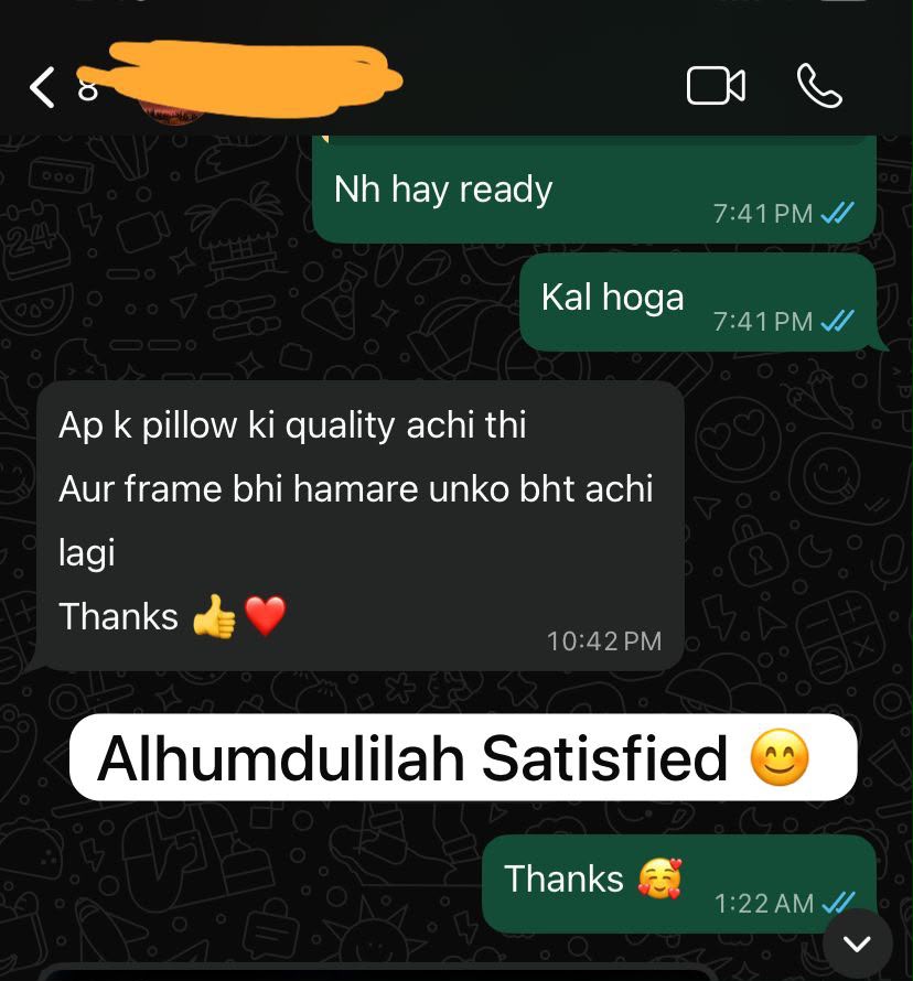 Custom pillow + frame — "Alhumdulilah satisfied"