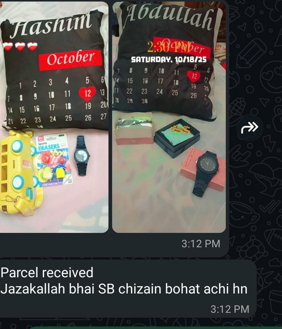 Custom calendar cushions, watch & gift set — "sab cheezain bohat achi hn"