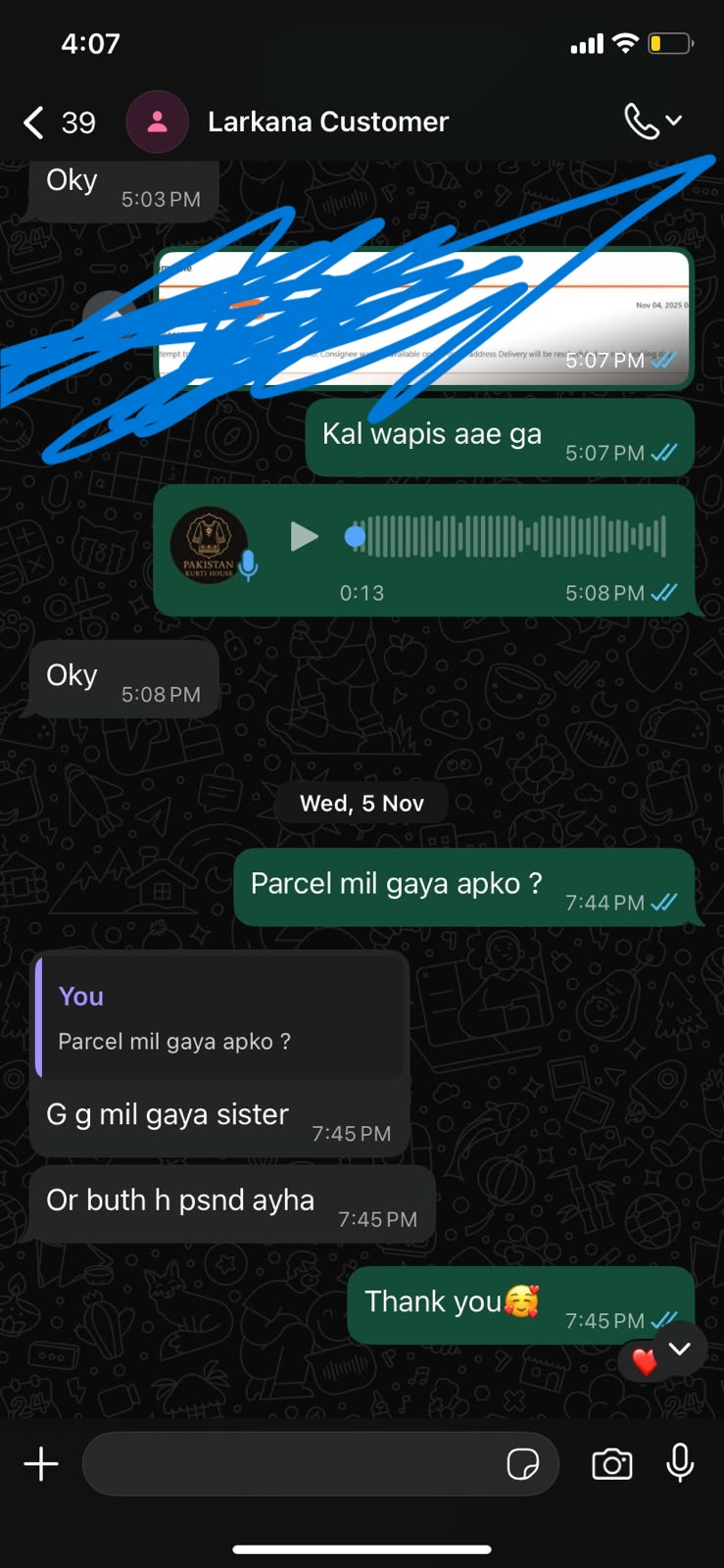 Larkana customer — "parcel mil gaya, bht hi pasand aya"